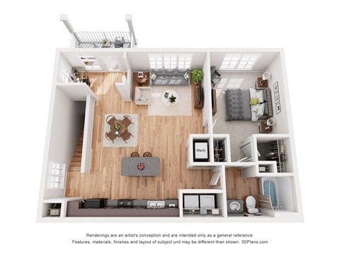 Floor plan for 1 bed, 1 bath, 909 sqft